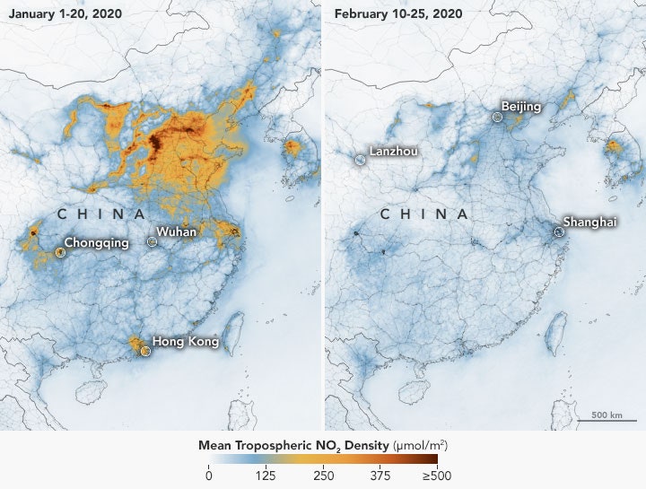Satellite imagery shows a significant drop in NO2 levels in China since the onset of the COVID-19 outbreak. Courtesy of European Space Agency