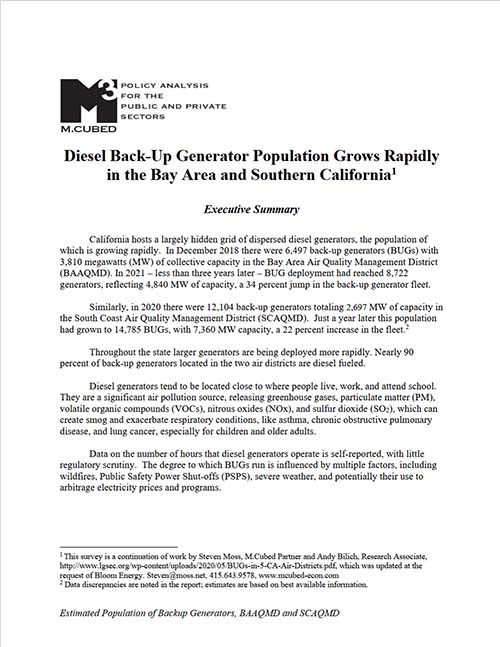 M.Cubed Research: Diesel-Fueled Back-Up Generator Population Grows Rapidly Across California