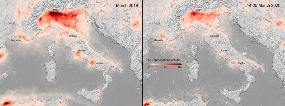Levels of the smog-forming pollutant NO2 fell dramatically during the COVID-19 lockdown in Italy. Courtesy of European Space Agency